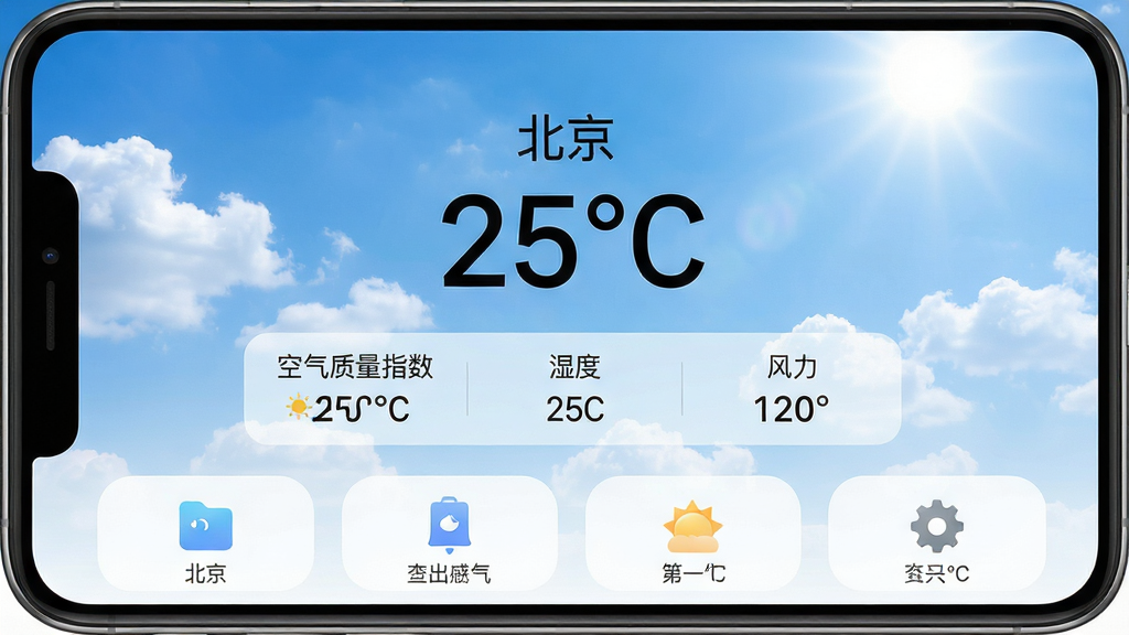 一张展示天气查询通手机应用主界面的高清截图,界面设计现代简约,背景是晴朗的蓝天白云,中央醒目位置显示当前城市“北京”的实时温度25℃,下方清晰排列着空气质量指数、湿度、风力等详细数据,界面下方有多个功能图标按钮,整体色调清爽明亮,画质细腻,干净,无多余元素