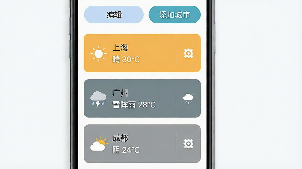 一张天气查询通多城市管理功能的界面预览图,手机屏幕上以卡片形式竖向排列着三个不同城市的天气信息,分别是“上海 晴 30℃”、“广州 雷阵雨 28℃”、“成都 阴 24℃”,每个卡片右侧都有一个管理图标,界面顶部有“编辑”和“添加城市”的按钮,整体设计简洁清晰,色彩搭配舒适,画质干净,无多余元素