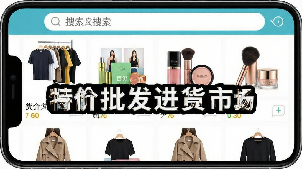 一张手机应用截图,展示特价批发进货市场主界面,顶部搜索栏,下方为商品瀑布流,包含服饰、百货、美妆等品类,图片标注“特价批发进货市场”字样,界面简洁清晰,商业风格,画质干净,无多余元素。