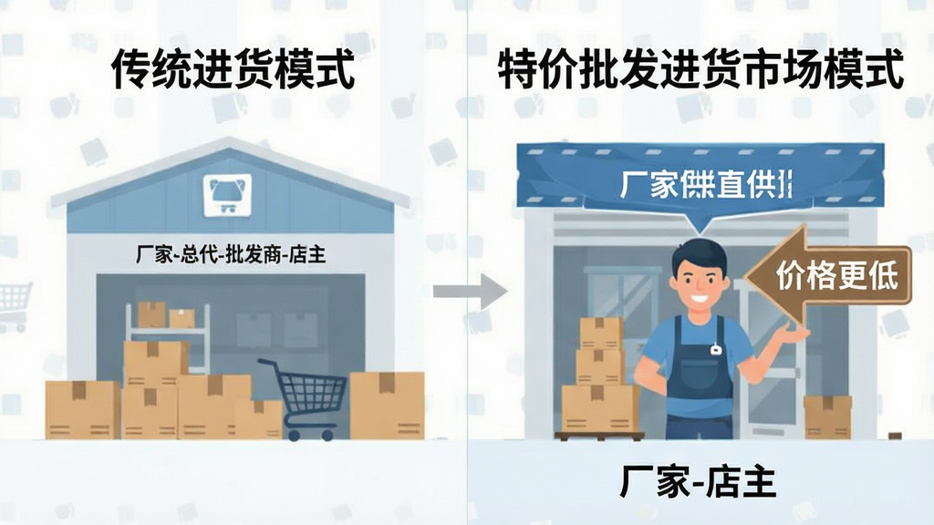 一张对比图,左侧是传统进货模式(厂家-总代-批发商-店主),右侧是特价批发进货市场模式(厂家-店主),右侧标注“厂家直供,价格更低”,画面简洁,商业插画风格,画质干净,无多余元素。