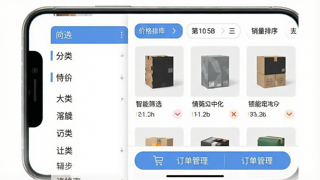 一张手机界面截图,展示特价批发进货市场的筛选功能,左侧是分类列表,右侧是商品列表,顶部有价格、销量排序选项,底部是订单管理入口,标注“智能筛选”和“订单管理”,界面简洁,商业风格,画质干净。