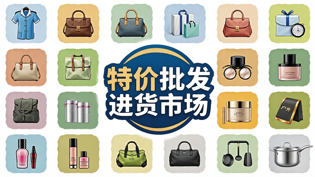 一张展示特价批发进货市场商品分类的图片,包含服饰、鞋包、百货、美妆、户外、厨具等图标,中心是“特价批发进货市场”Logo,排版整齐,色彩明亮,商业风格,画质干净,无多余元素。