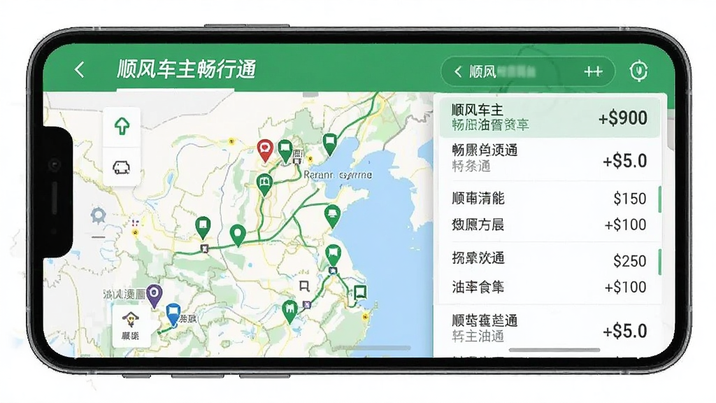 展示顺风车主畅行通App油价查询界面的截图,主体为手机屏幕,屏幕中显示地图上的加油站标记和油价列表,顶部有“顺风车主畅行通”字样,布局为列表与地图结合,风格清爽,绿色与白色搭配,画质清晰,干净无多余元素。