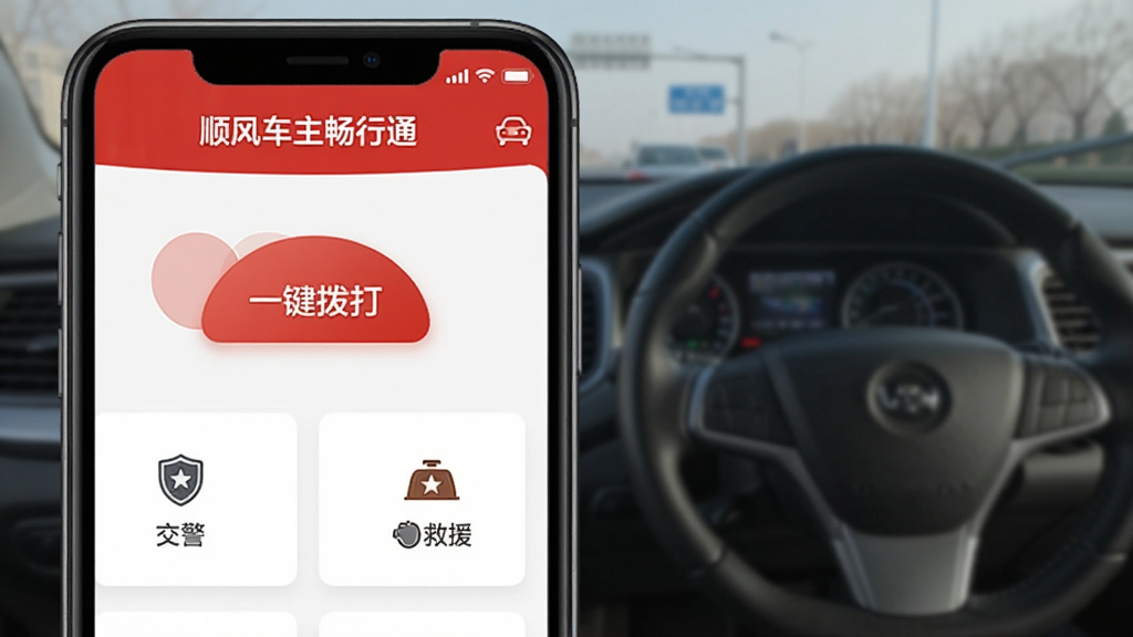展示顺风车主畅行通App应急电话功能的界面截图,主体为手机屏幕,屏幕中显示“一键拨打”按钮和交警、保险、救援三个选项,顶部有“顺风车主畅行通”字样,布局简洁,红色与白色搭配,风格紧急但友好,画质清晰,干净无多余元素。