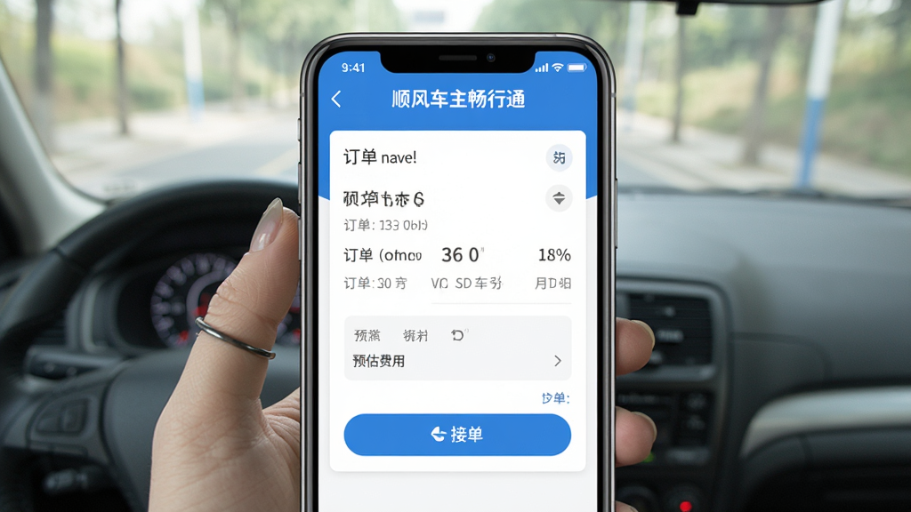 展示顺风车主畅行通App模拟接单界面的截图,主体为手机屏幕,屏幕中显示订单详情、预估费用、接单按钮,顶部有“顺风车主畅行通”字样,布局简洁,信息清晰,风格为扁平化设计,蓝色与白色搭配,画质清晰,干净无多余元素。