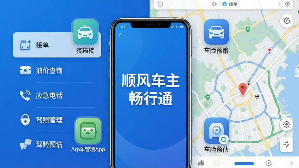 一张展示顺风车主畅行通App完整功能的宣传海报,主体为智能手机屏幕界面,屏幕中清晰显示“顺风车主畅行通”字样,周围环绕模拟接单、油价查询、应急电话、驾照管理、车险预估等图标,布局采用左右分栏,左侧为功能列表,右侧为地图界面,整体风格简洁现代,蓝色主色调,画质高清,干净无多余元素。