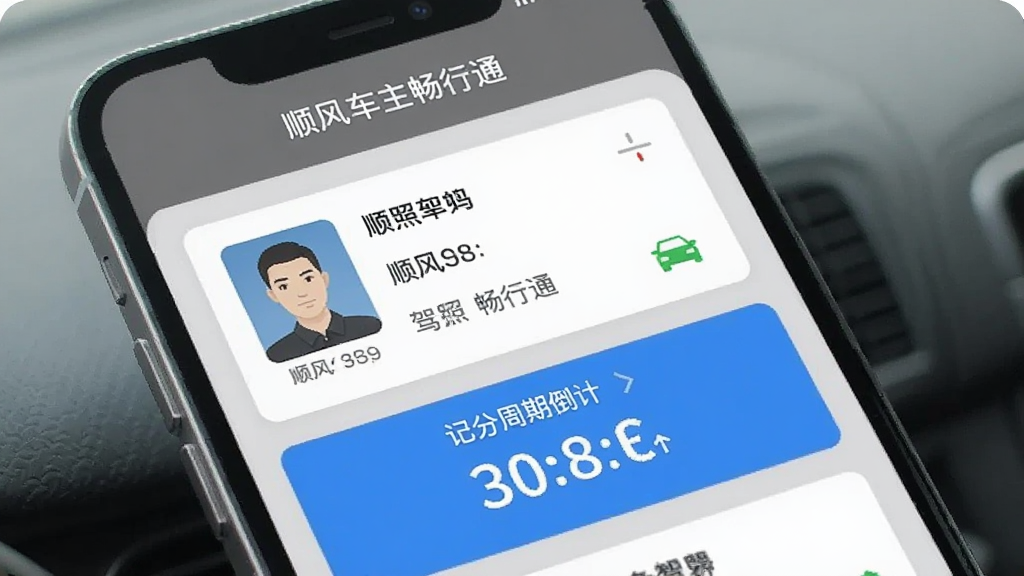 展示顺风车主畅行通App驾照信息管理界面的截图,主体为手机屏幕,屏幕中显示驾照信息卡片和记分周期倒计时,顶部有“顺风车主畅行通”字样,布局卡片式,风格简约,灰色与蓝色搭配,画质清晰,干净无多余元素。
