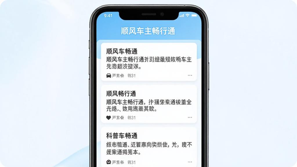展示顺风车主畅行通App知识科普模块的截图,主体为手机屏幕,屏幕中显示多篇科普文章列表,顶部有“顺风车主畅行通”字样,布局为瀑布流,风格清新,浅蓝色与白色搭配,画质清晰,干净无多余元素。