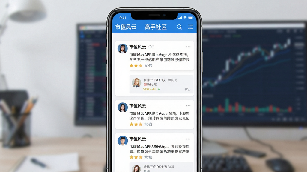 主体:市值风云APP高手社区页面,显示用户讨论股票热点的动态列表,头像和评论区域清晰可见。布局:手机竖屏展示,界面整洁,重点突出社区互动氛围。排版:信息流布局,每条动态卡片式设计。风格:现代简约,色彩明快。细节:包含“市值风云”LOGO和导航栏。画质:高清,干净,无多余元素。