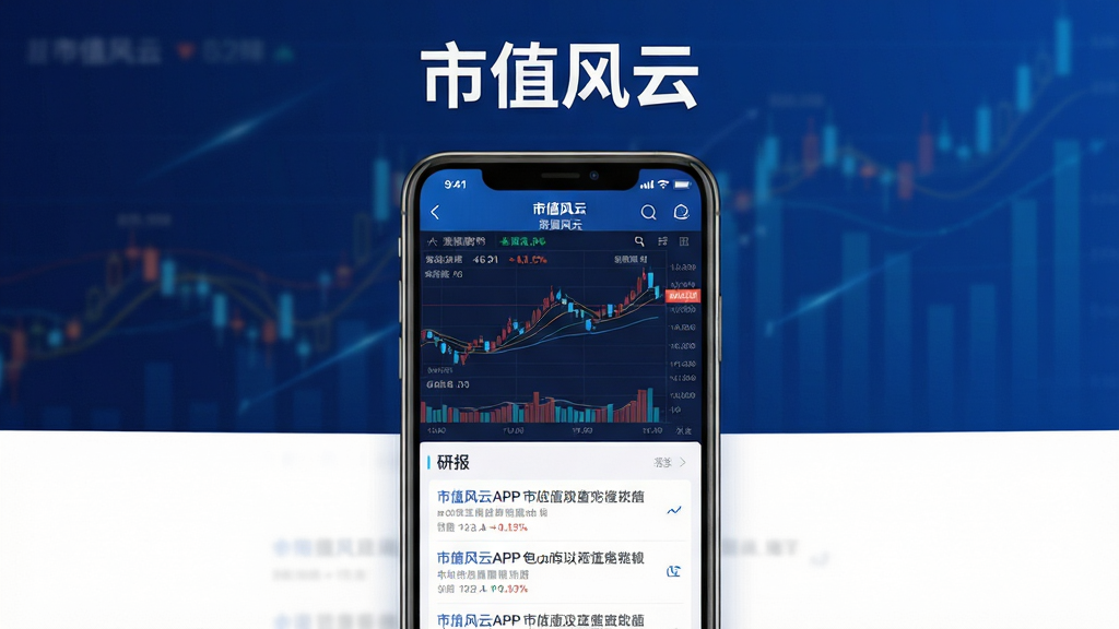 主体:市值风云APP界面展示,手机屏幕显示股票行情图表和研报列表,背景为深蓝渐变,象征专业与稳健。布局:手机居中,屏幕内容清晰可辨,周围留白。排版:简洁大气,突出APP名称“市值风云”字样。风格:商务科技风,色彩以蓝白为主,细节丰富。画质:高清,干净,无多余元素。