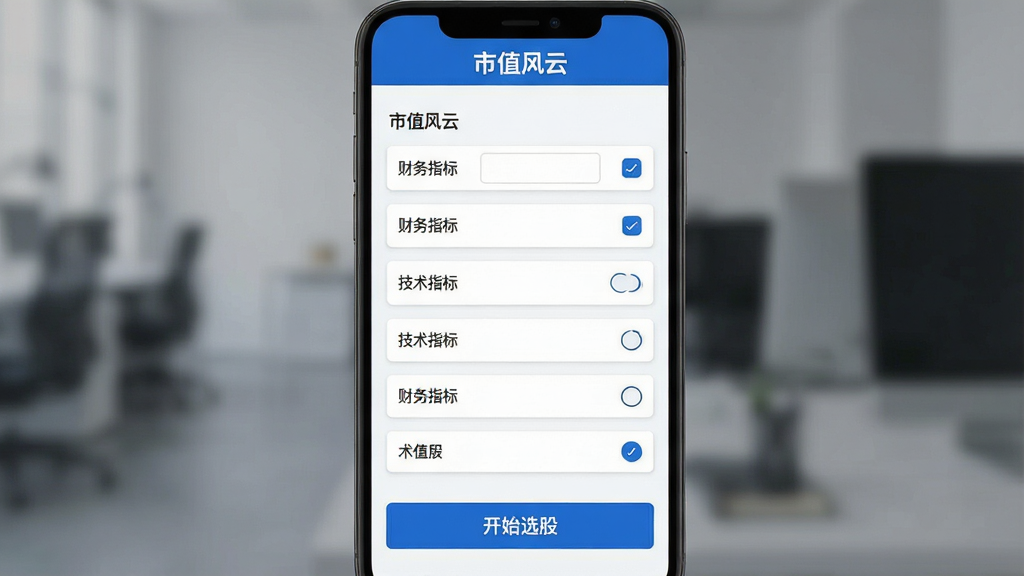 主体:市值风云APP智能选股页面,展示选股条件筛选器,包括财务指标和技术指标选项。布局:条件列表纵向排列,底部有“开始选股”按钮。排版:表单式布局,清晰易操作。风格:极简商务风,蓝白配色。细节:页面顶部有“市值风云”标题栏。画质:高清,干净,无多余元素。