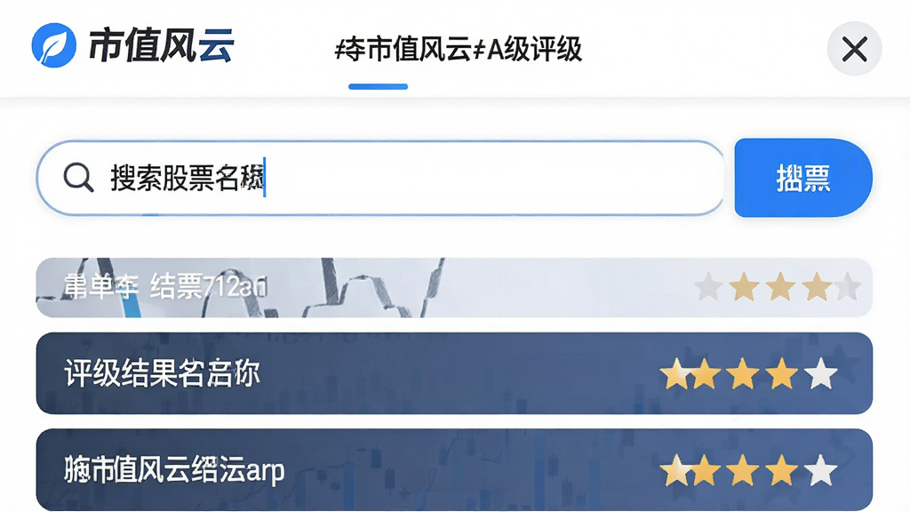 主体:市值风云APP股票评级页面,搜索框输入股票名称,下方显示评级结果和星级。布局:简洁搜索界面,结果列表清晰。排版:左对齐文字,右侧星级图标。风格:清爽商务风,白色背景,蓝色点缀。细节:包含“市值风云”品牌标识。画质:高清,干净,无多余元素。