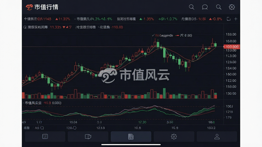 主体:市值风云APP实时行情页面,展示股票K线图和技术指标,数字滚动更新。布局:全屏图表,底部有功能按钮。排版:图表为主,数据标签清晰。风格:专业金融风,深色背景搭配红绿涨跌色。细节:标注“市值风云”水印。画质:高清,干净,无多余元素。