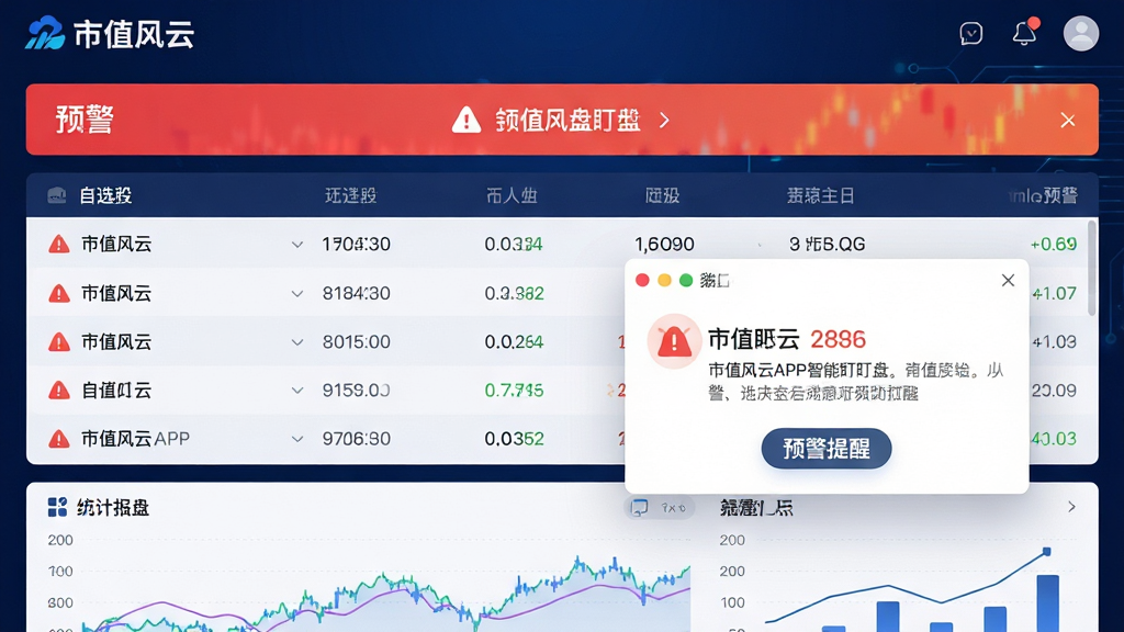 主体:市值风云APP智能盯盘界面,显示自选股列表和预警提醒弹窗。布局:列表上方有预警横幅,底部有统计图表。排版:信息分层,重点突出。风格:科技感强,深蓝背景。细节:包含“市值风云”字样和预警图标。画质:高清,干净,无多余元素。