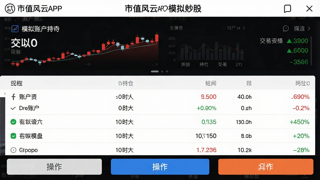 主体:市值风云APP模拟炒股页面,显示模拟账户持仓和交易记录。布局:顶部账户资产图,中间持仓列表,底部操作按钮。排版:数据清晰,红绿涨跌色。风格:仿真实券商APP风格,白色背景。细节:标注“市值风云模拟盘”字样。画质:高清,干净,无多余元素。
