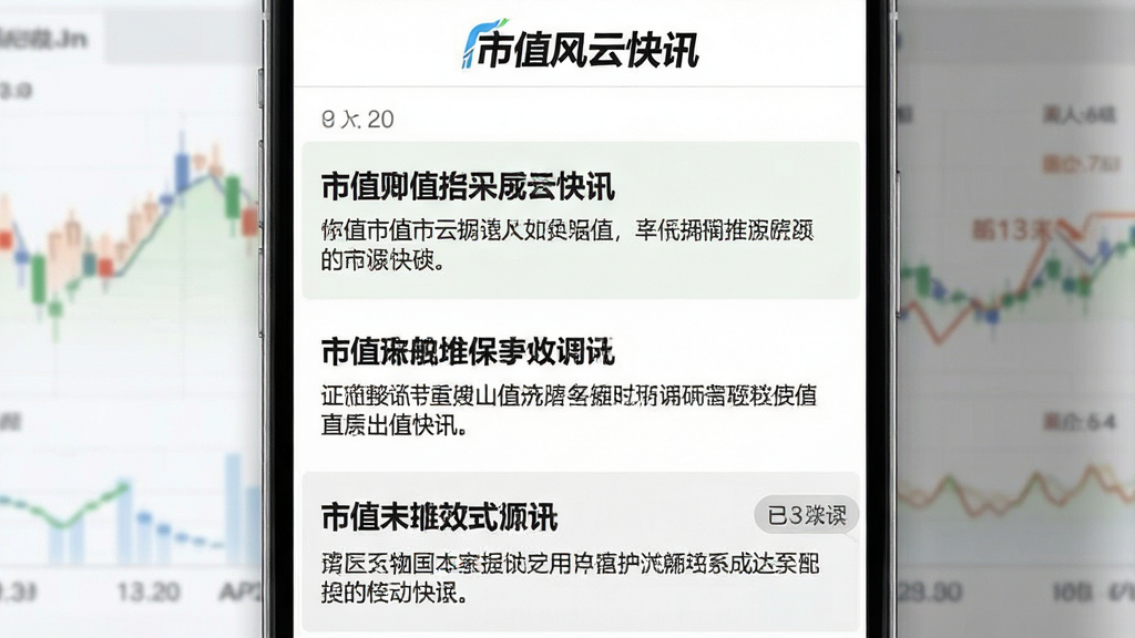 主体:市值风云APP快讯页面,显示最新资讯列表,每条带时间戳。布局:列表式布局,标题加摘要。排版:简洁清爽,区分已读未读。风格:新闻资讯风,白色背景。细节:顶部有“市值风云快讯”标识。画质:高清,干净,无多余元素。