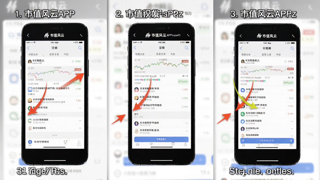 主体:市值风云APP使用教程截图,展示操作步骤,手机界面加箭头标注。布局:多步骤截图拼接,每步配文字说明。排版:步骤清晰,图文并茂。风格:教程风,简洁明了。细节:标注“市值风云”字样。画质:高清,干净,无多余元素。