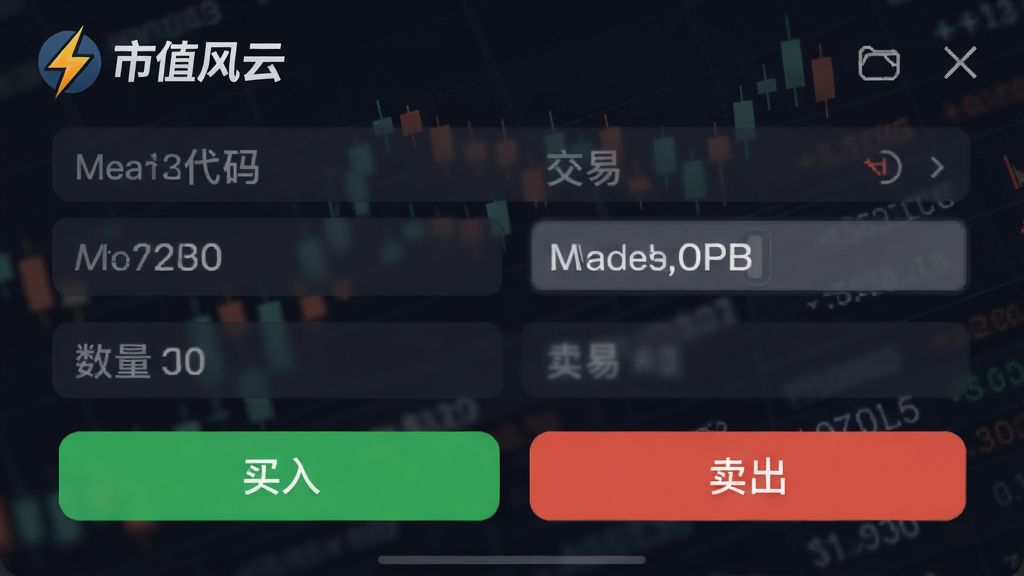 主体:市值风云APP闪电交易页面,显示交易下单界面,股票代码、价格、数量输入框。布局:表单布局,底部有“买入”“卖出”按钮。排版:简洁明了,强调速度感。风格:金融交易风,深色主题。细节:包含“市值风云”LOGO和闪电图标。画质:高清,干净,无多余元素。