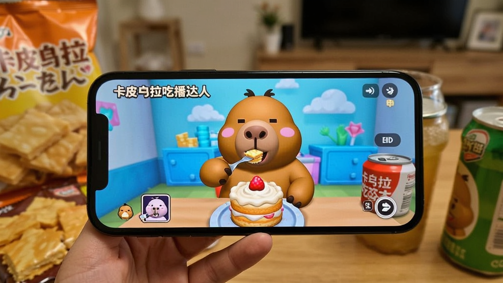 一张手机横屏手持设备的特写照片,屏幕中显示《卡皮巴拉吃播达人》的游戏画面,画面中的卡皮巴拉正在直播吃蛋糕。手机周围放置着一些零食和饮料,背景是模糊的室内环境。照片构图清晰,主体突出,风格为写实摄影风格,画质高清,光线柔和,突出移动端游戏的场景。