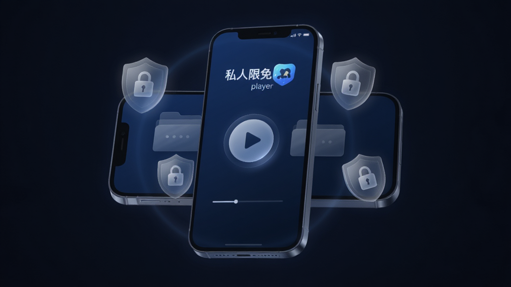 主体为一部智能手机悬浮在深色背景中,屏幕显示“私人限免player”主界面,界面以深蓝色为基调,中央有播放按钮与文件夹图标,周围环绕半透明盾牌与锁形图标,布局居中,排版简洁,风格科技感与安全感并重,细节包含磨砂玻璃质感、柔和光晕,画质高清干净,无多余元素
