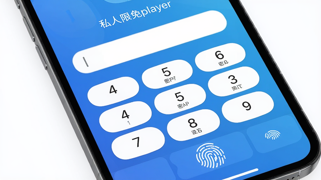 主体为手机屏幕特写,显示“私人限免player”密码设置界面,数字键盘与指纹图标,布局居中偏下,排版清晰,风格扁平化,细节包括蓝色渐变背景、白色圆角输入框,画质高清明亮,干净无多余元素