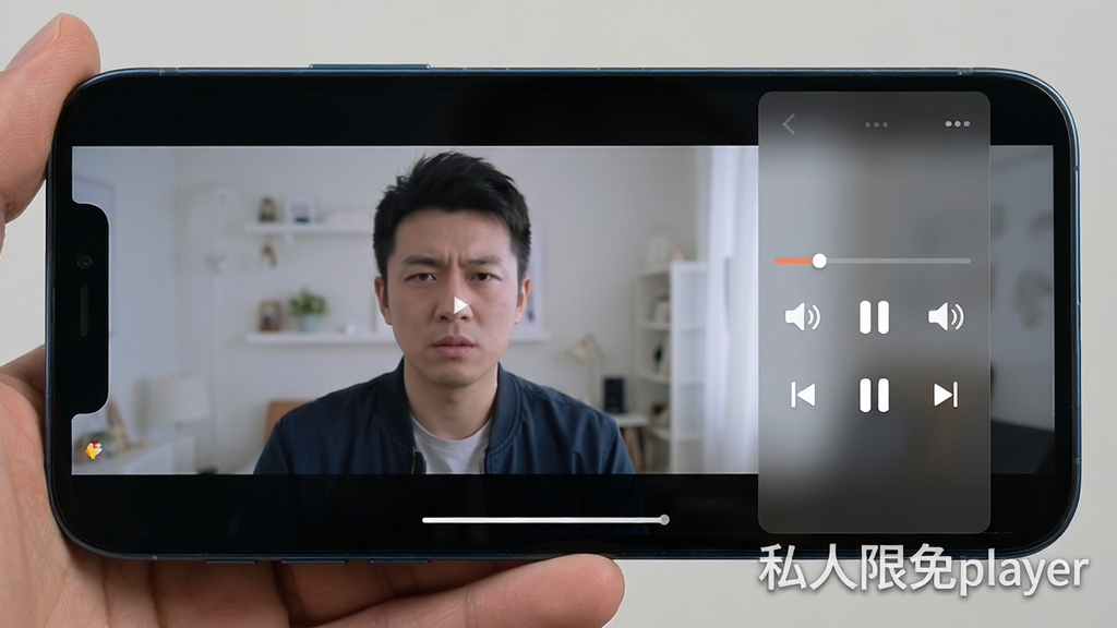 主体为手机横屏播放视频画面,右下角悬浮“私人限免player”水印,布局左侧为视频内容,右侧为半透明控制栏,排版规整,风格写实,细节包含播放进度条、音量图标、画质细腻,干净无多余元素