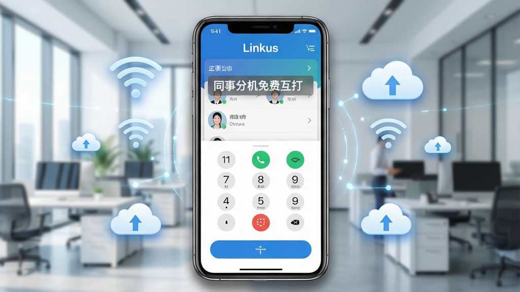 主体:一部智能手机屏幕展示Linkus应用界面,界面显示拨号键盘和联系人列表,背景是现代化的办公场景。布局:手机居中,周围有无线网络和云朵图标,象征移动互联。排版:界面简洁清晰,上方有“Linkus”字样,下方有拨号按钮。风格:科技感、商务风,色彩明亮。细节:屏幕中显示“同事分机免费互打”的提示文字,手机边缘有柔和阴影。画质:高清渲染,干净,无多余元素。
