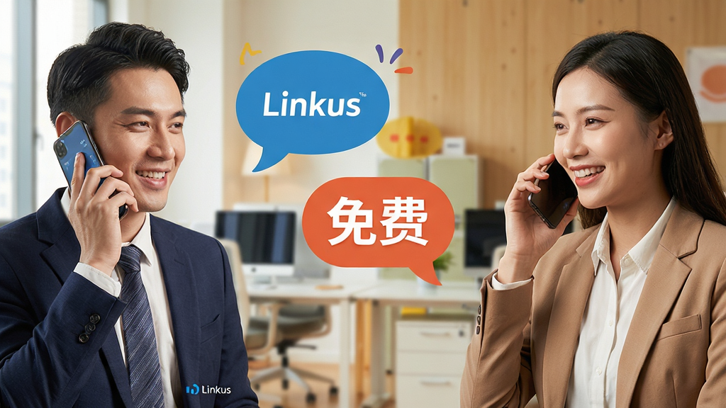 主体:两位商务人士分别拿着手机进行通话,手机屏幕显示Linkus通话界面。布局:两人分居画面两侧,中间有对话气泡和“免费”字样。排版:活泼生动,体现沟通的便捷。风格:商务休闲风,暖色调。细节:通话界面有“Linkus”和通话时长,背景是办公室环境。画质:高清,自然,干净,无多余元素。