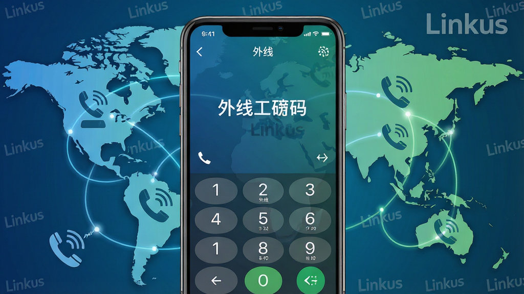 主体:手机屏幕显示Linkus拨号界面,正在拨打一个外部号码,背景是地球和电话线路图标。布局:手机在中央,周围有全球地图和连接线。排版:直观展示“外线拨打”概念。风格:全球化商务风,蓝色和绿色调。细节:拨号键盘上有数字,屏幕顶部有“外线”标识,背景有“Linkus”水印。画质:高清,干净,无多余元素。