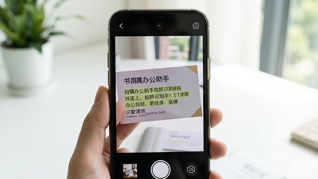 书隅办公助手拍照识别功能操作示意图,手机摄像头对准一张印有文字的名片,屏幕界面显示识别文字成功并对文字进行高亮标注,背景简洁明亮,色彩自然,画质清晰,无多余元素