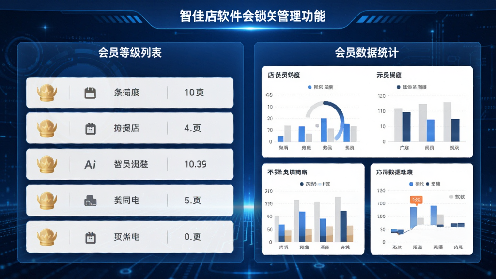 智佳店软件连锁会员管理功能展示图,画面左侧为会员等级列表,右侧显示不同门店的会员数据统计图表,背景为蓝色科技感界面,布局清晰,突出数据同步与一体化管理概念,画质干净专业。