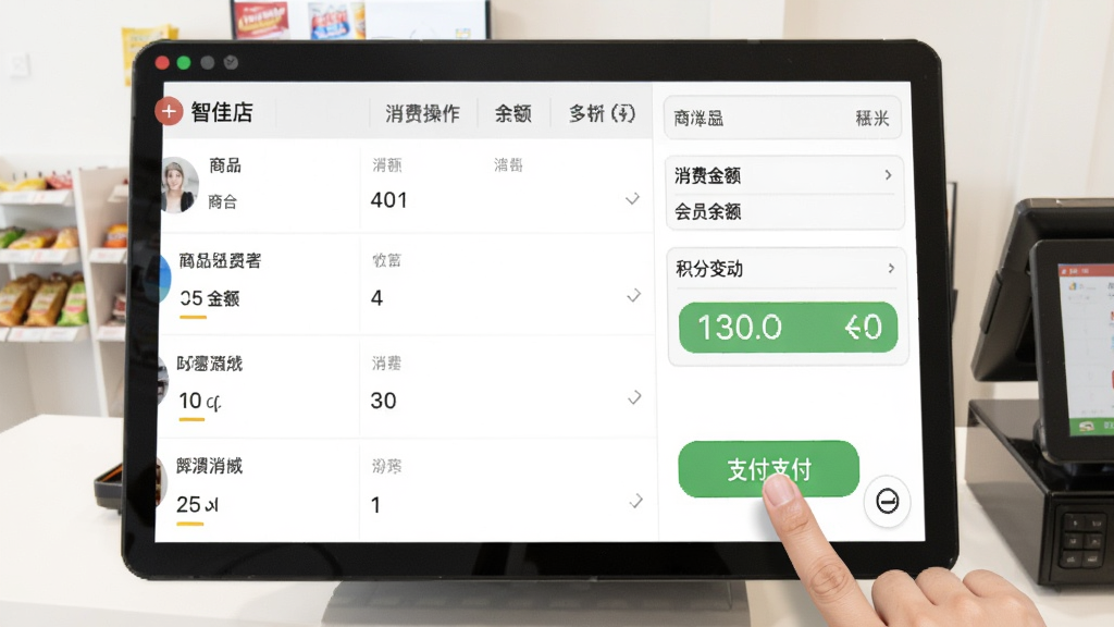智佳店软件收银消费操作界面截图,画面显示商品列表、消费金额、会员余额和积分变动,模拟手指点击确认支付,背景为明亮的收银台环境,界面简洁易用,画质清晰。