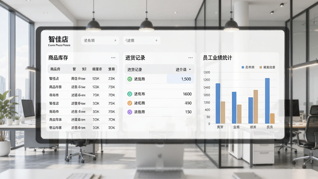 智佳店软件进销存与业绩报表功能展示图,画面包含商品库存列表、进货记录和员工业绩统计柱状图,背景为现代办公室,界面风格简约商务,画质干净明亮。