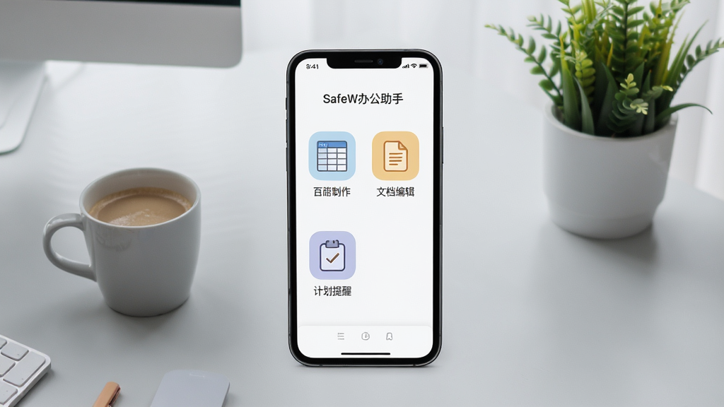 现代简约风格办公场景,一部智能手机屏幕显示SafeW办公助手主界面,界面包含表格制作、文档编辑、计划提醒三大核心功能图标,背景为干净的浅灰色办公桌面,摆放着咖啡杯和绿植,整体布局清爽,画质高清,干净,无多余元素