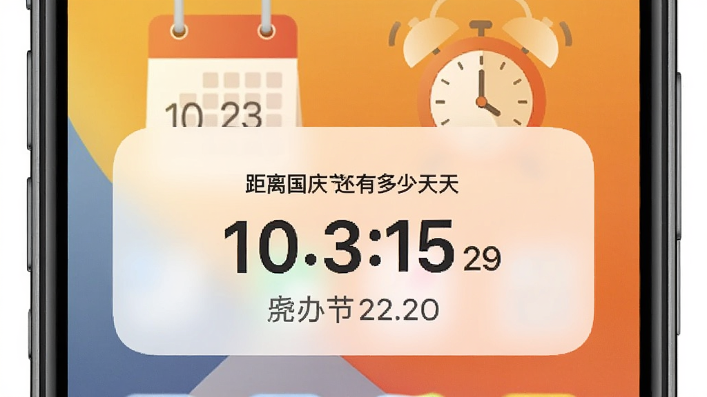 手机锁屏界面显示SafeW办公助手的倒计时提醒卡片,显示距离国庆节还有多少天,背景为温馨的日历和闹钟图标,整体风格简约,画质清晰,干净,无多余元素