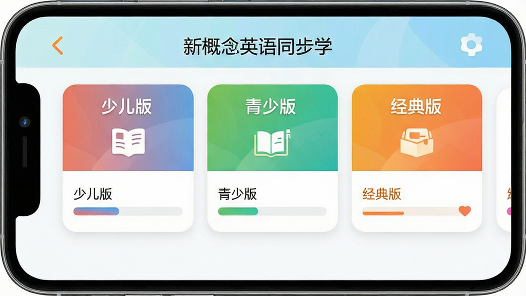 一张展示新概念英语同步学App核心界面的高清截图,主体为手机屏幕内显示的课程选择页面,包含少儿版、青少版、经典版三个彩色卡片入口,布局清晰直观,排版整洁,界面风格现代简约,色彩明快活泼,细节上突出功能图标和课程进度,画质清晰干净,无多余元素,文字标注“新概念英语同步学”