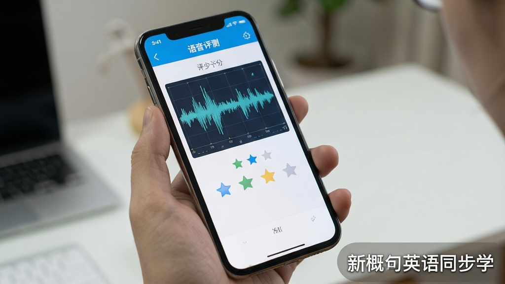 一张展示新概念英语同步学App在手机上运行使用的实拍场景图,主体是手持一部智能手机,屏幕显示应用内的语音评测界面,布局自然,排版聚焦于屏幕内容,风格真实生活化,细节包括清晰的波形图和评分星星,画质高清新锐,无多余杂乱元素,图片角落有文字“新概念英语同步学”