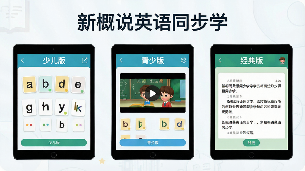 一张展示新概念英语同步学App分阶课程体系的功能预览图,主体为三个并排的平板电脑模型,分别显示少儿版、青少版、经典版的代表性学习界面,布局为对称式排列,排版风格统一,界面设计清新简约,细节包括字母卡片、动画视频画面和课文文本,整体风格专业且富有教育感,画质干净清晰,无多余元素,图片顶部有文字“新概念英语同步学”