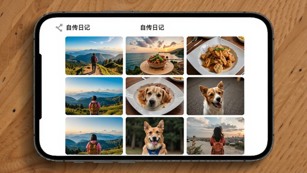 手机屏幕上展示“自传日记”应用的时光照片墙功能,以九宫格形式排列多张生活照片,有旅行风景、美食、宠物等,背景为木质桌面,整体风格温馨自然,图片清晰,色彩鲜艳,画质干净