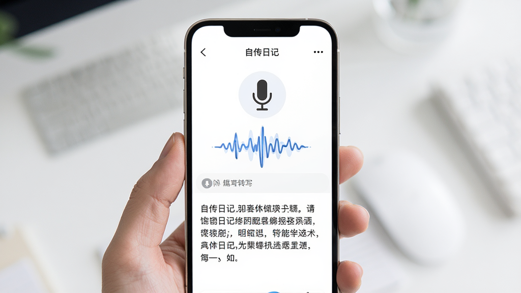 展示“自传日记”应用的语音转写界面,屏幕上有麦克风图标和波浪声波动画,下方实时显示转写出的文字内容,背景简洁,以白色为主色调,整体风格现代科技感,画质高清,干净无多余元素