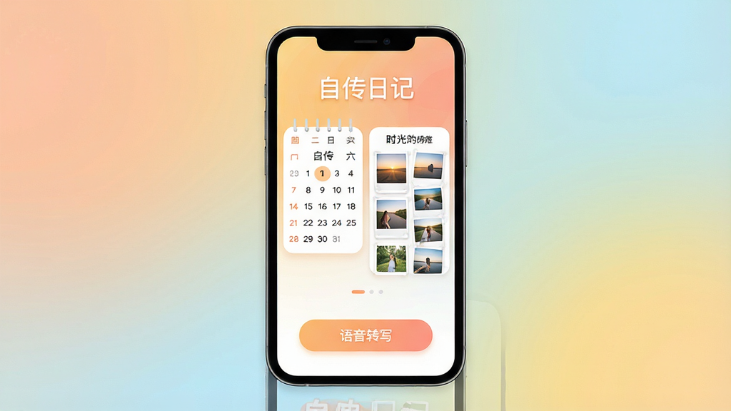 画面中央展示一款名为“自传日记”的手机应用界面,背景为柔和渐变色,界面顶部显示“自传日记”字样,下方有日历视图、时光照片墙、语音转写按钮等元素,整体风格清新简约,扁平化设计,色彩温暖明亮,细节丰富,画质高清,干净无多余元素