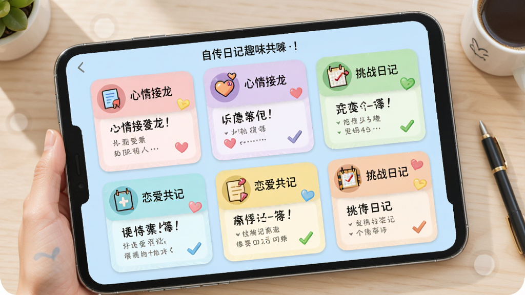 展示“自传日记”趣味共记界面,屏幕分为多个卡片,分别显示心情接龙、恋爱共记、挑战日记等模块,每个卡片有不同图标和颜色,背景为淡蓝色,整体风格活泼明快,画质清晰,布局整齐