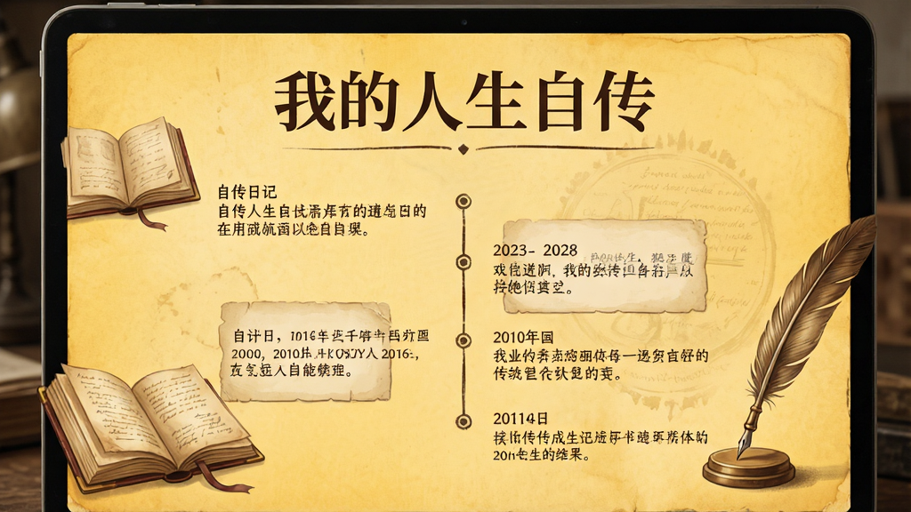 展示“自传日记”AI自传生成结果页面,屏幕上方显示“我的人生自传”标题,下方为时间线式文字摘要,配以书本和羽毛笔的装饰元素,背景为暖黄色,整体风格文艺复古,画质细腻,无多余元素