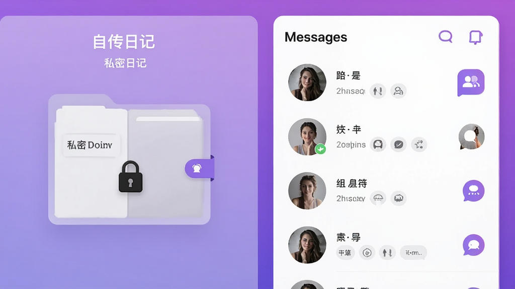 展示“自传日记”私密日记与社交功能对比界面,左侧是带锁的私密日记文件夹,右侧是好友列表和消息通知图标,背景为渐变紫色,整体风格现代简洁,画质高清,干净无多余元素