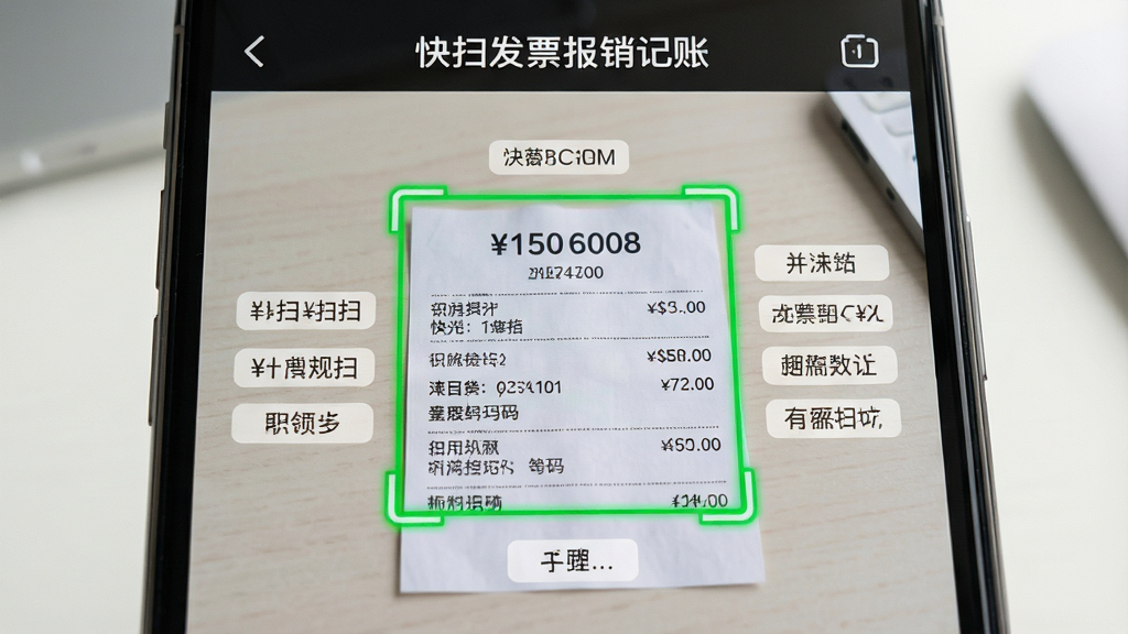 一张特写镜头,手机屏幕显示“快扫发票报销记账”的扫描识别界面,一张发票被绿色框线标记,识别出的金额、日期、号码等字段以标签形式展示在发票周围,背景为简洁的桌面,布局清晰,排版整齐,风格写实,细节丰富,画质高清,画面干净无多余元素