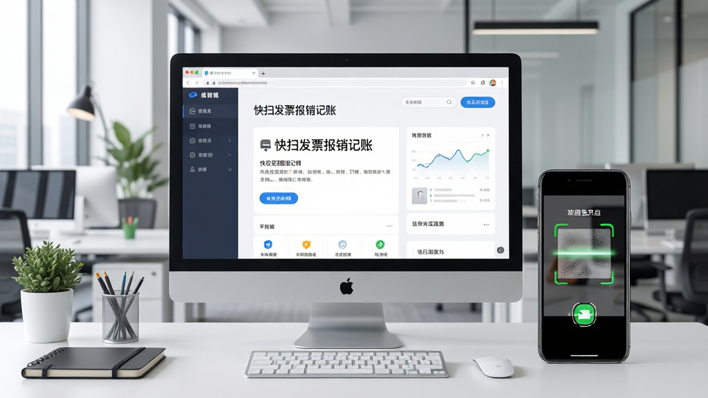 一张展示协同办公场景的图片,电脑屏幕显示“快扫发票报销记账”Web端界面,手机放在一旁,屏幕上显示扫描服务已开启,背景为现代办公室,布局合理,排版整洁,风格写实,细节丰富,画质高清,画面干净无多余元素