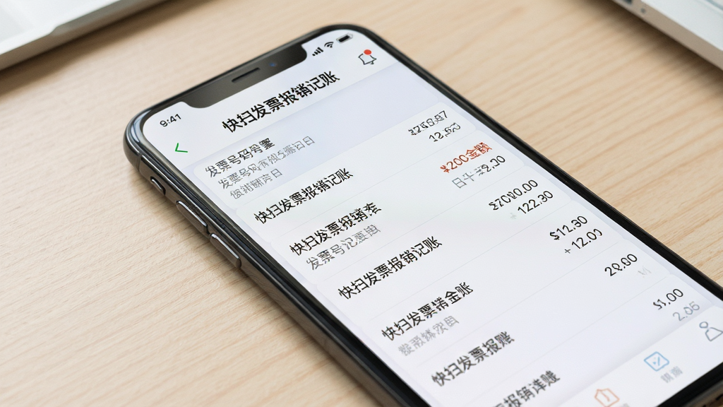 一张手机截图风格的图片,屏幕上显示“快扫发票报销记账”的发票列表界面,列表清晰展示发票号码、金额、日期等关键信息,背景为浅色桌面,布局简洁,排版整齐,风格写实,细节丰富,画质高清,画面干净无多余元素