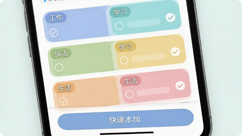 展示简计App的待办清单功能界面,屏幕上排列着多个彩色标签的任务卡片,有“工作”、“学习”、“生活”等分类,每个任务前有圆形勾选框,界面底部有快速添加按钮,整体色彩柔和,排版整洁,画质清晰,干净无多余元素