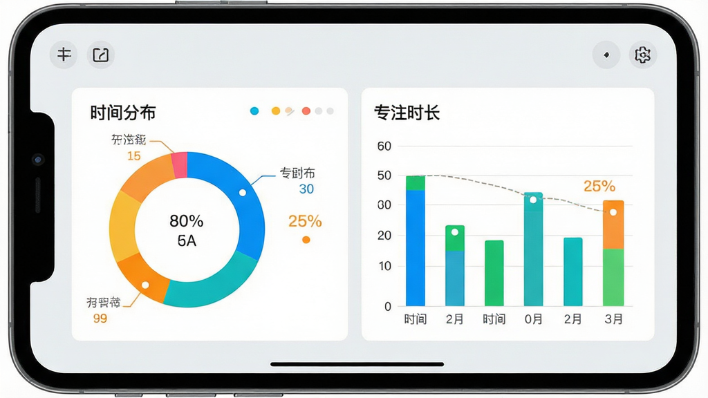 展示简计App的时间统计页面,屏幕上显示环形图与柱状图,标注“时间分布”、“专注时长”等字样,背景为浅灰色,图表配色明亮,数据清晰可读,整体风格专业简洁,画质高清,无多余元素