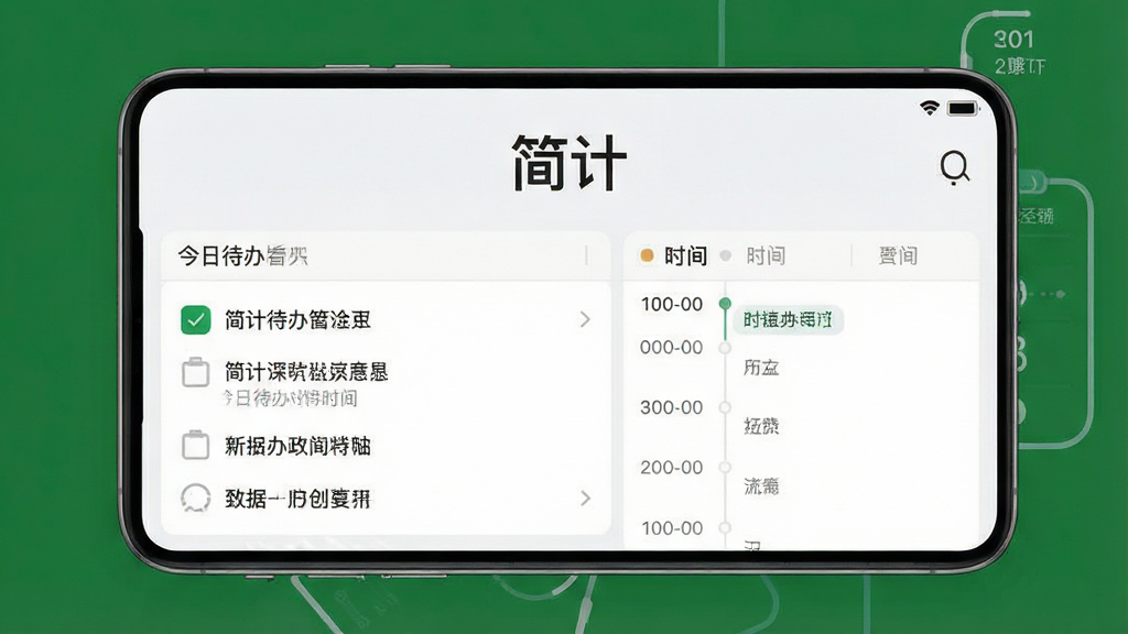 一张展示简计App主界面的高清截图,界面采用浅色极简风格,上方显示“简计”二字logo,下方清晰列出今日待办事项和时间轴,排版干净清爽,整体风格现代简洁,画质细腻,无多余元素